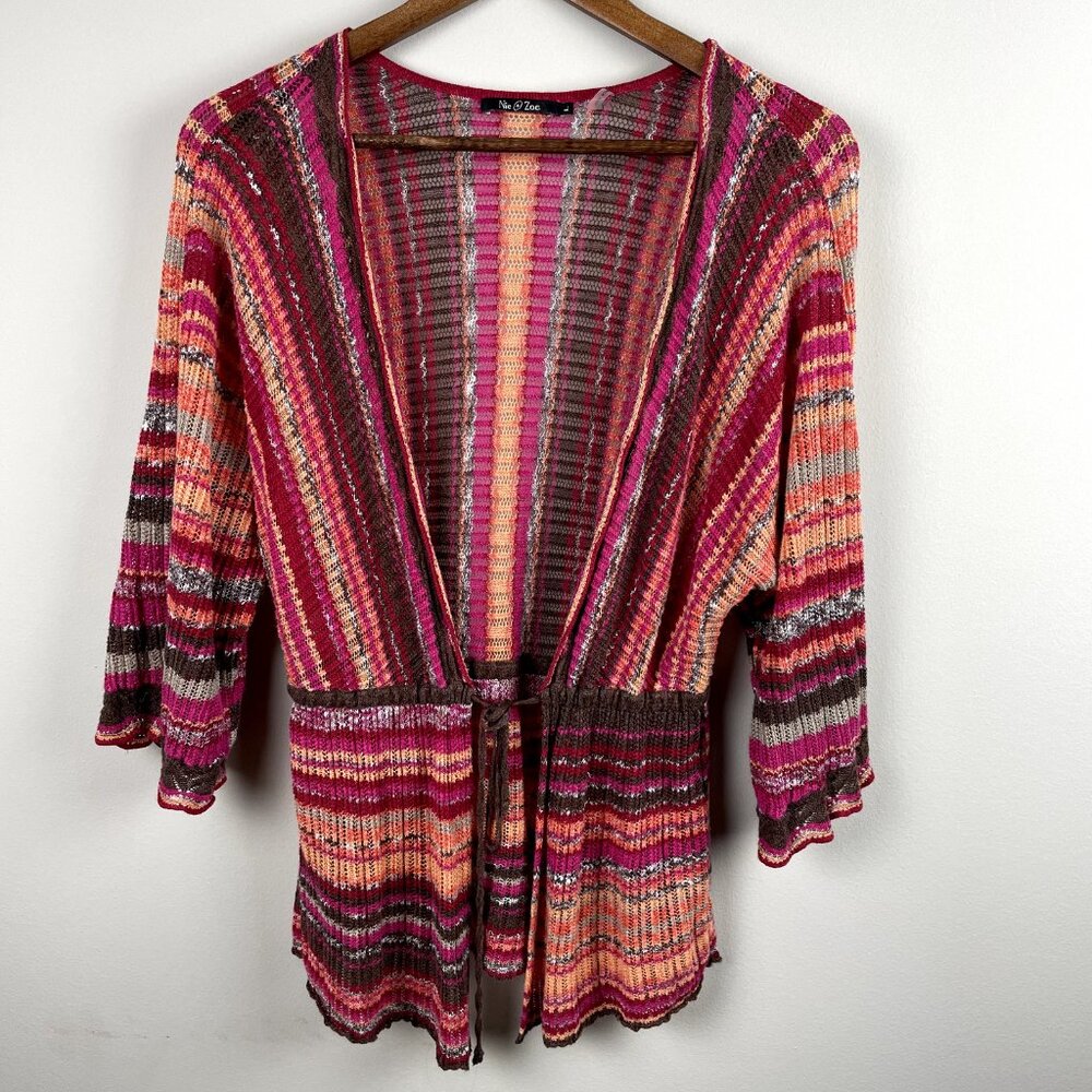 NIC+ZOE Cardigan‎ Sweater Womens L Multicolor Stripe Tie Front 3/4 Sleeve Linen